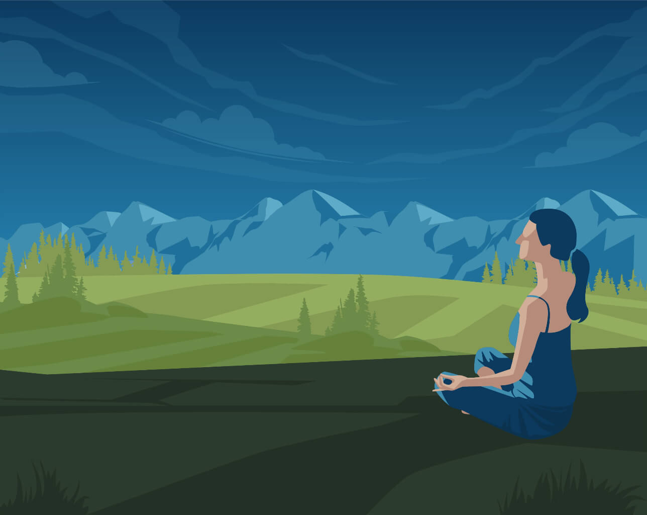 A woman embarking on a meditative journey in a picturesque field surrounded by majestic mountains.